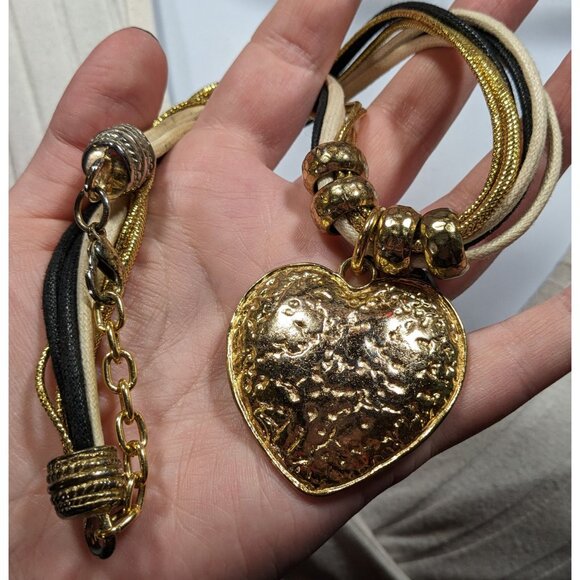 Funky Glam Textured Heart Gold Tone And Tan Pendant Necklace - Picture 5 of 6